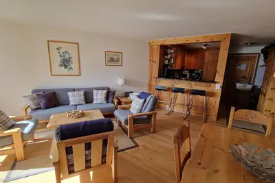 Image de appartement de 4 1/2 pièces ; cuisine ouverte ; salon lumineux ; vue sur les mon