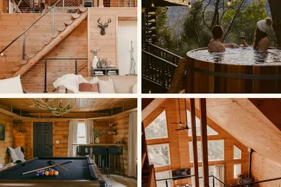 Image de Award-winning A-frame in Julian, Luxe interiors, epic views, cedar tub and total mountain serenity.