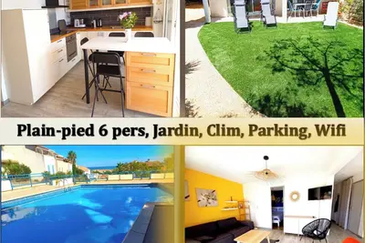 Image de Plain-pied 6 pers. Jardin Clim. Plage à 5' à pied. Vue mer. Piscine résidence