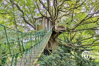 Image de Cabane perchée avec terrasses, salle de bain, kitchenette, petit-déjeuner inclus et accès piscine.