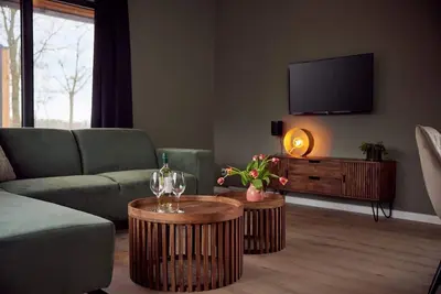 The Amalia 4 Deluxe is a luxurious holiday home with a private sauna, a spacious living room, open kitchen, two bedrooms and a large patio.