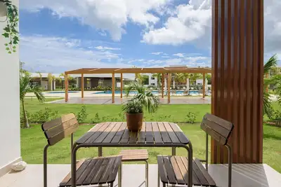 First floor poolside with gym