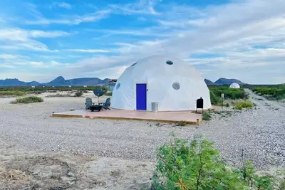 Southern Boho inspired Geodesic Dome nestled up next to Big Bend National Park.