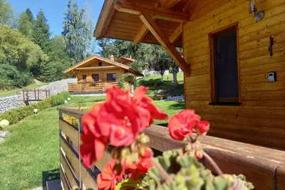 Image de Modernes Holzferienhaus im Grünen mit Kamin & Terrasse.