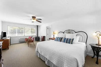 Room with One King Bed, microwave, mini-fridge, and gas fireplace