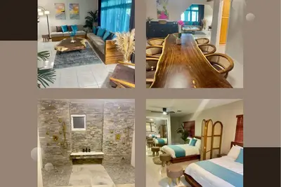 1 King Bed, 2 Queen Beds, 2 Bunk Beds located 1. 5 miles from the beach.