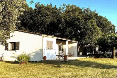 Image de Une maison au milieu des chênes avec piscine.