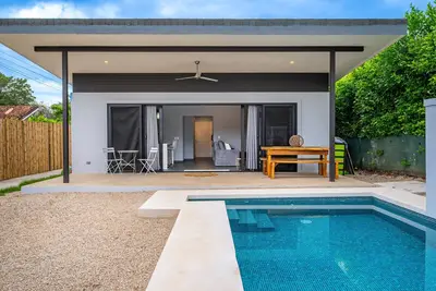 Inviting single-level retreat with private pool, patio, and full kitchen access