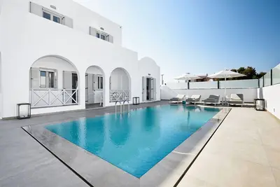 Lavish Santorini Villa | Aegean Serenity Villa | 3 Bedrooms | Private Heated Pool | Lovely Furnished Terrace | Shaded Outdoor Dining Area | Prime Location | Monolithos
