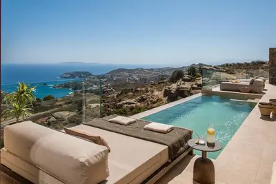 Dazzling Heraklion Villa | Villa Agni Bay | 5 Bedrooms | Panoramic Sea Views | Private Outdoor Heated infinity Pool | Spacious Furnished Terrace with Shaded Outdoor Dining Area | Private Indoor Hot Tub and Sauna | Prime Location | Agia Pelagia