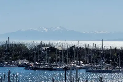 Image de Vue mer, bateaux et Pyrénées exceptionnelle au-dessus des toits. Coup de coeur!