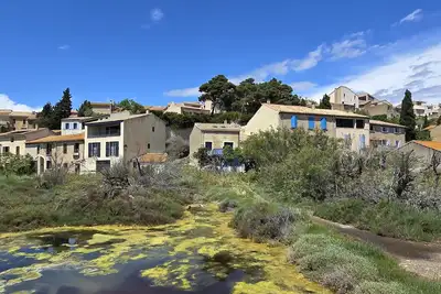 Image de Au bord d'un étang salé, maison avec terrasse face à l'eau et aux flamants roses