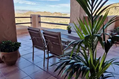 Image de Terrace with views of the Sierra Cabrera mountains and the sea in the distance.