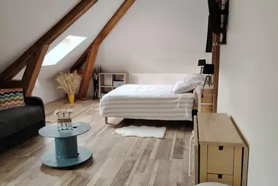 Image de Appartement avec un lit double un canapé lit une salle de bain et une cuisine