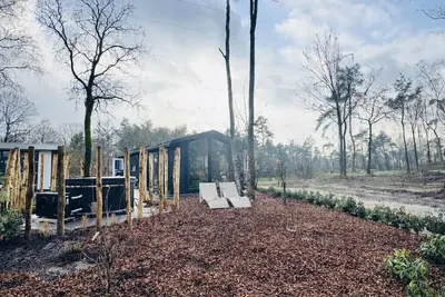 Image de Luxury Wellness cabin Japandi style, forest view, hottub, hammock and lounge sofas