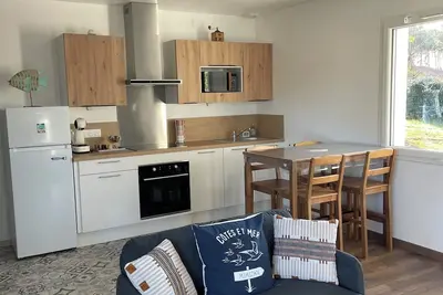 Image de Maison neuve Mimizan plage entre pins et océan.