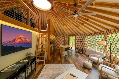 Modern Forest Yurt with Firepit & Skylit Dome near Carson, Washington