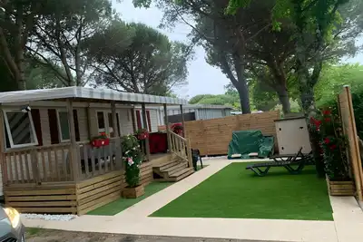 Image de Mobil-home 'Badji' : terrasse partagée, jardin privé et climatisation à Gastes