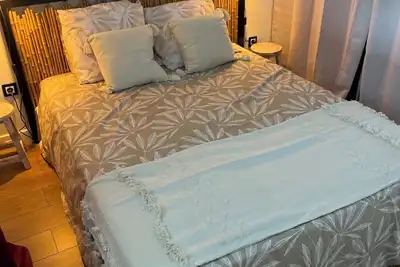 Image de Appartement Franchipanier piscine 2 chambres climatisée, cuisine, salle de bain.