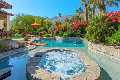 Image de Piscine d'eau salée / Spa, Etagère de bronzage, Foyer, Cheminée extérieure Douche WiFi gratuit