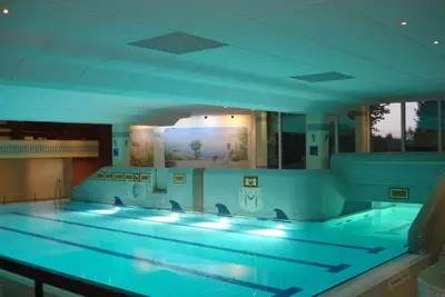 Image de vacances en famille dans la forêt de montagne: piscine, sauna et de superbes vues