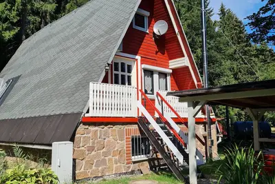 Image de Finnhütte en tant que groupe d'hébergement directement à la forêt avec un grand barbecue, feu de camp