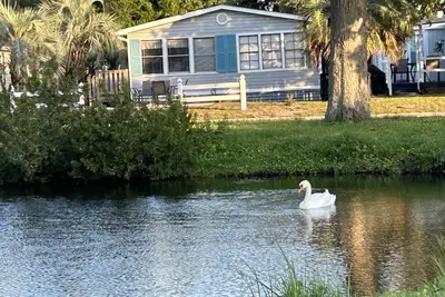 Image de Vue sur l'étang, à pied de la plage, bain à remous, 3 Bdr 2 Ba, voiturette de golf, linge de maison, emplacement!
