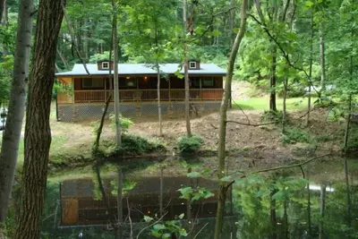 Image de Hickory Grove Cabin sur 8 acres avec étang de pêche privé.