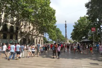 Image de 100 mètres de la Rambla et du port, avec un parking public en bas