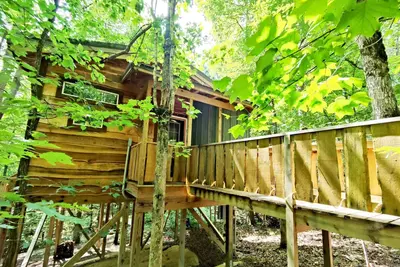 Image de Tranche de paradis isolée dans la cime des arbres! Cabane dans un arbre Couples, bain à remous et foyer