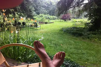 Image de Vous ĂŞtes dans un bain Ă remous; vous voyez des jardins; entendre le vent souffler Ă travers les pins