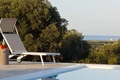 Image de villa en bord de piscine avec une vue parmi les oliviers centenaires
