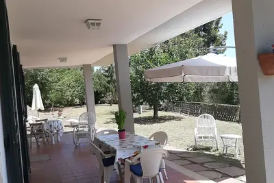 Image de maison isolée, entourée de chênes verts et d'oliviers.
