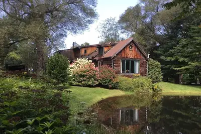 Image de Superbe maison en rondins isolée entourée de bois et d'eau
