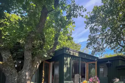 Chalets isolés dans un jardin en bois de chênes et de houx.