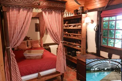 Image de Gîte des 3 Vaches : cheminée, piscine et jacuzzi