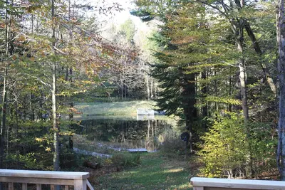 Image de Becket Cottage contemporain dans les bois surplombant un étang privé printanier