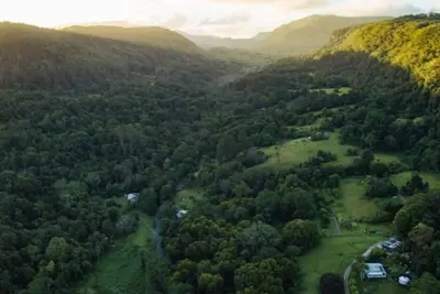 Image de Espace circulaire - Yourte en bois dans une ferme de forêt tropicale humide / Permaculture