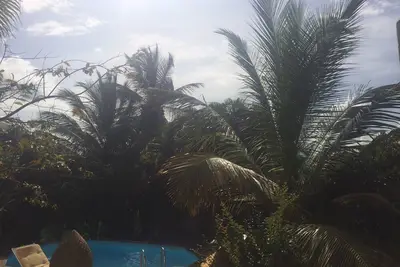 Image de Bas de villa spacieux dans jardin arboré avec piscine entourée de verdure