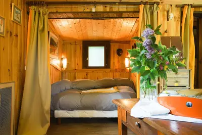 Image de Chalet de bois atypique, en pleine verdure, au calme, les oiseaux vous rév