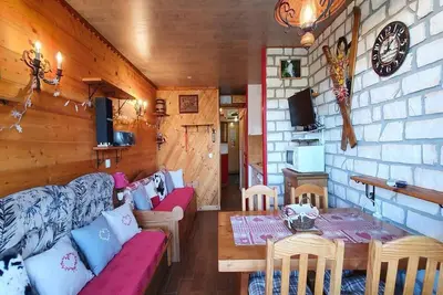 Image de 300m du centre station, 1er étage, vue montagne, balcon, télévision, casier à ski, 27m²