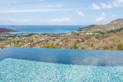 Image de Piscine chauffée à l'infini de 59 pieds, bar pour le petit-déjeuner et cuisine de style cuisine gastronomique, salle de remise en forme