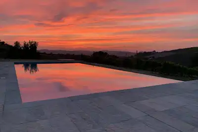 Image de Villa avec vignobles, piscine à débordement, vue sur un château Unesco et les Alpes.