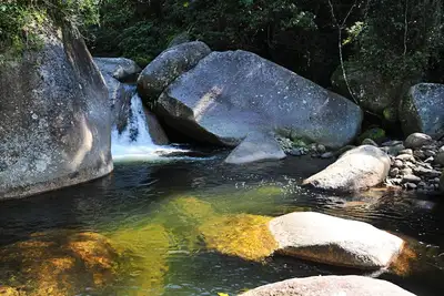 Image de Belle maison sur le site avec la nature luxuriante et des piscines naturelles.