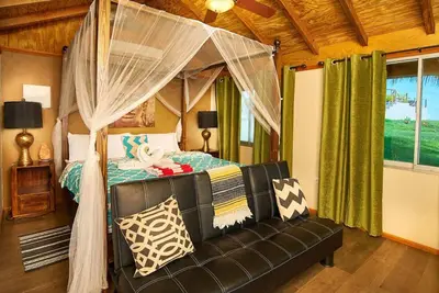Image de Eagles 'Base Cottage avec une vue imprenable sur la forêt luxuriante et la mer des Caraïbes