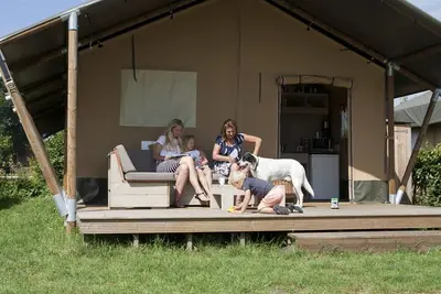 Image de Enjoy luxury camping in a safari tent for 6 people at Recreatiepark De Boshoek in the Veluwe, with luxury amenities and nature nearby.
