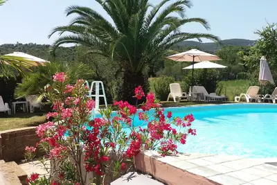 Image de beau, antique petit Maison en pierre, avec piscine + jardin