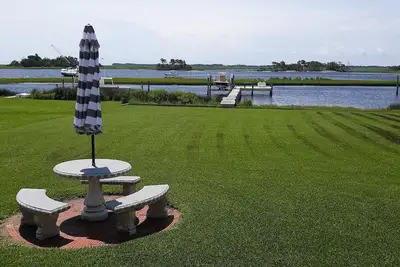 Image de View of intracoastal waterway with private dock and boat lift.