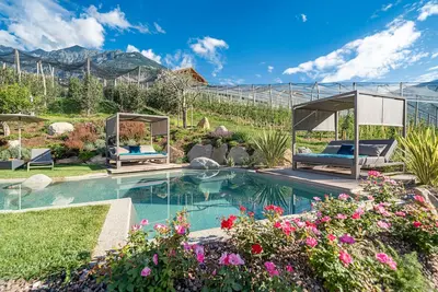 Image de Appartement \"Feldhof Apfeloase\" avec piscine d'eau salée, pelouse panoramique et balcon
