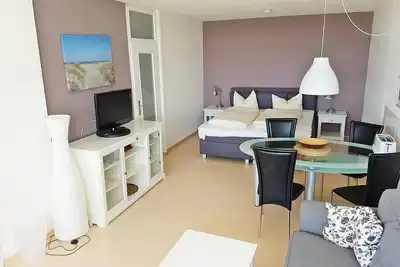 Image de Combined living and sleeping area with laminate flooring, comfortable couch and a